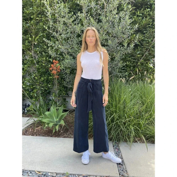 Pharaoh Collection Japanese Cupro Wide Leg Crop Pants 0 Blue High Waisted Belted - Picture 1 of 14